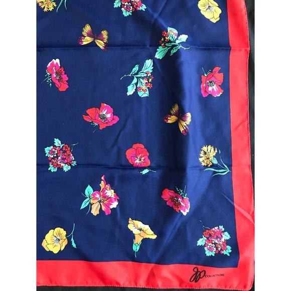 Vintage JP Collections Blue Red Floral Butterflies Scarf 30” x 31” - Picture 4 of 8